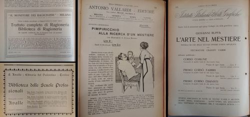 1914 e 1920: Con il regio decreto del 1912, nel 1913 vengono istituite le scuole professionali e gli istituti tecnici, anche se già dopo l’Unità ci fu qualche sperimentazione di istituti di questa tipologia. Dopo il decreto, fioriscono le pubblicazioni editoriali per questi indirizzi. Significativo che, nella nuova «ricerca d’un mestiere» si cimenta anche Pimpiricchio, personaggio popolare della letteratura per bambini, qui illustrato da Attilio Mussino.